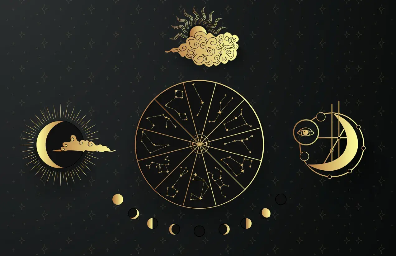 Złoty krąg zodiaku, księżyc i oko symbolizują 1001 znaczenie.