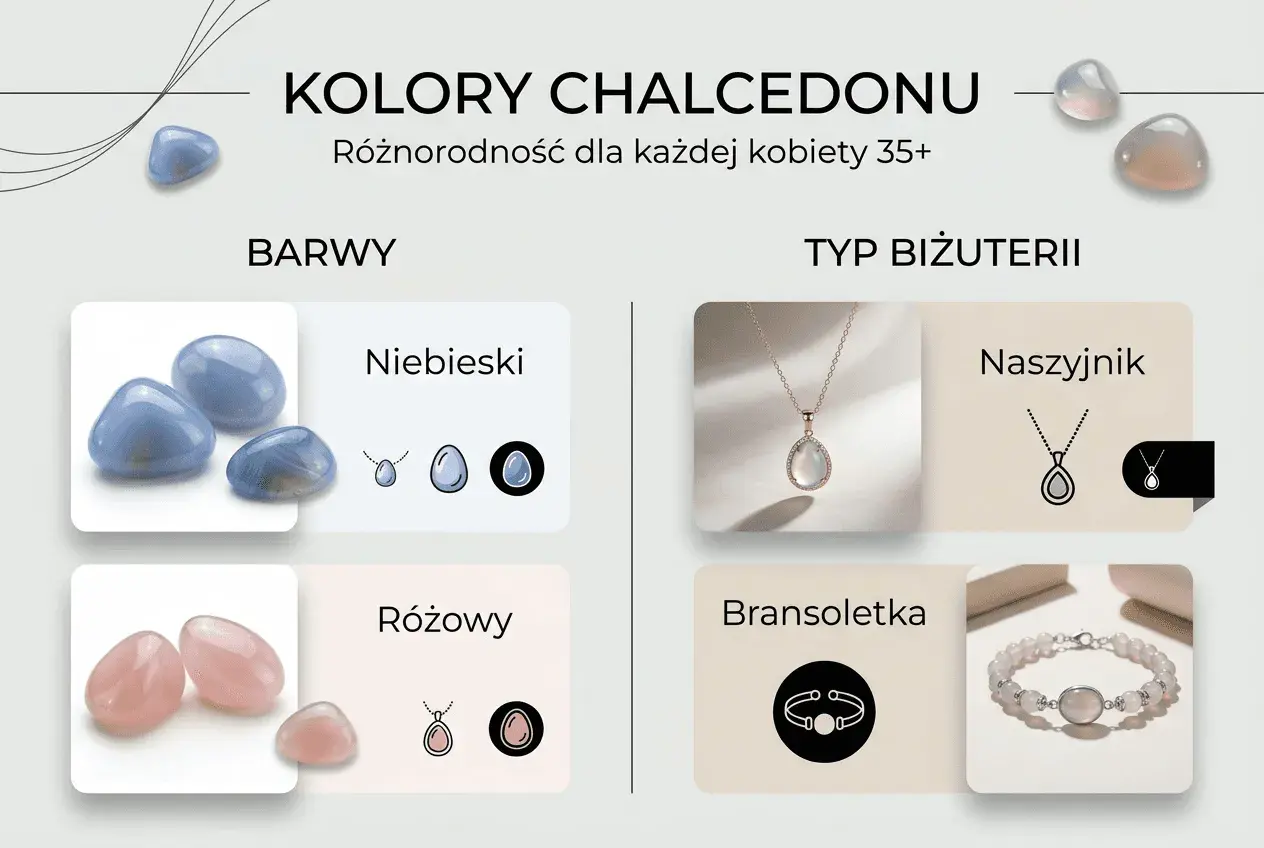 Kolory chalcedonu: niebieski i różowy. Właściwości kamienia podkreślone w biżuterii: naszyjnik i bransoletka.