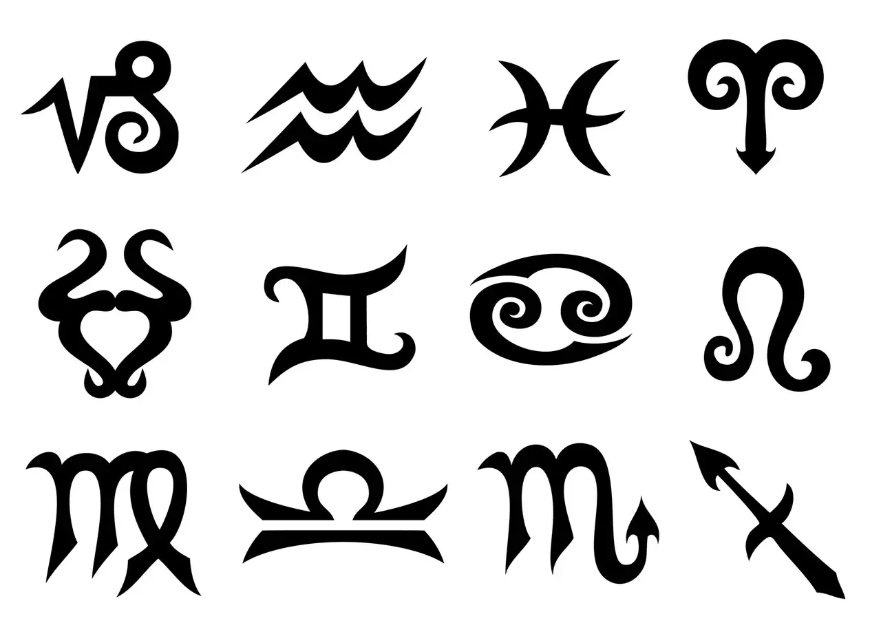 Znak zodiaku 25 czerwca to Rak. Na obrazie widoczne są wszystkie 12 symboli zodiaku w czarnym kolorze na białym tle.