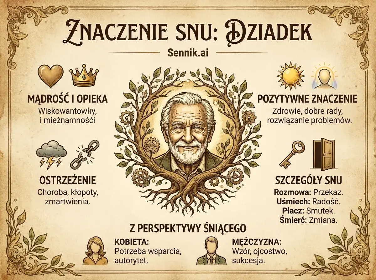Sennik: dziadek symbolizuje mądrość, opiekę i pozytywne znaczenie snu. Ostrzega przed chorobą i kłopotami.