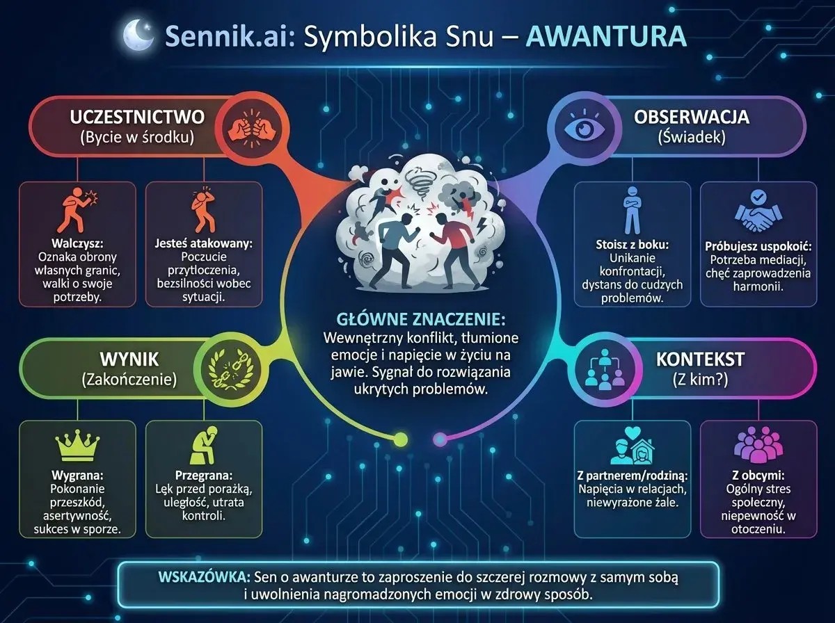 Sennik: awantura we śnie to wewnętrzny konflikt i tłumione emocje. Symbolizuje potrzebę rozwiązania problemów.