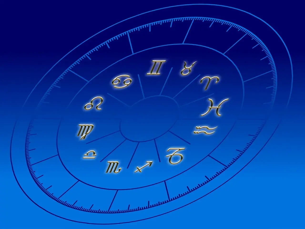 Złote symbole zodiaku na tle gradientowego błękitu. Baran, Byk, Bliźnięta, Rak, Lew, Panna, Waga, Skorpion, Strzelec, Koziorożec, Wodnik, Ryby. 28 marca znak zodiaku to Baran.