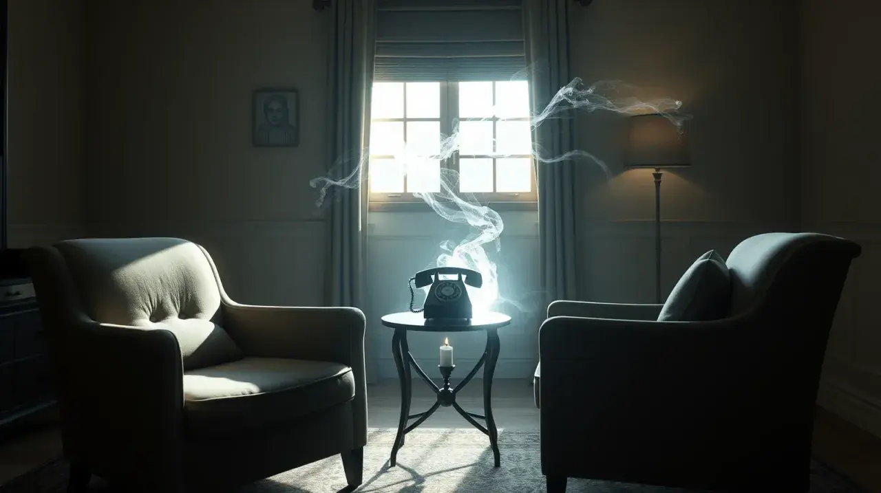 Sennik kłótnia z teściową: dymiący telefon na stoliku między fotelami, symbolizujący napiętą rozmowę.
