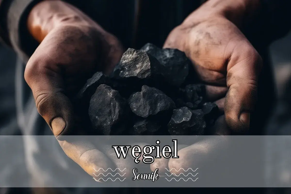 Brudne dłonie trzymają bryły węgla. Sennik węgiel może symbolizować ciężką pracę lub ukryty potencjał.
