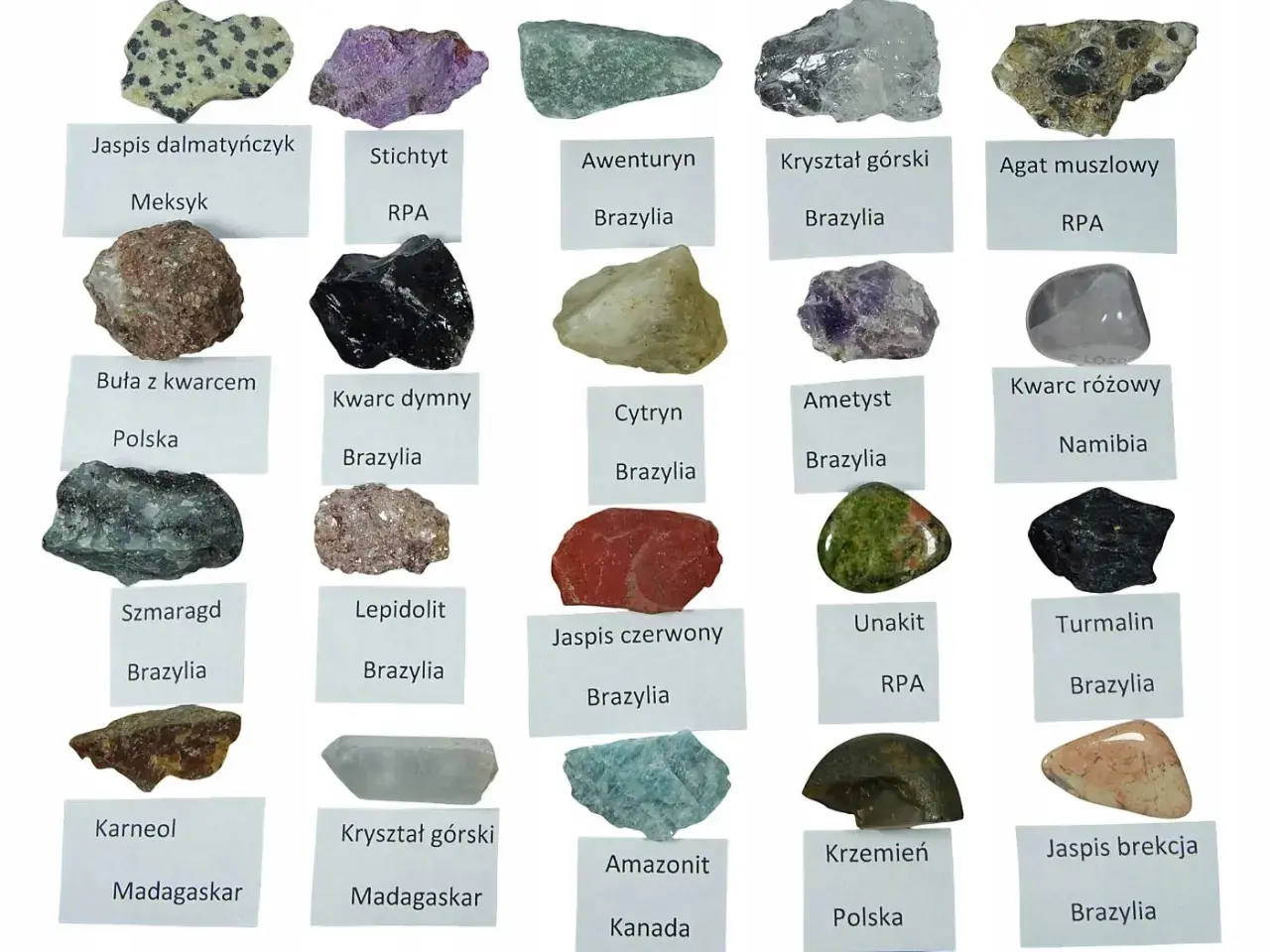 Kolekcja minerałów: jaspis dalmatyńczyk, stichtyt, awenturyn, kryształ górski, agat muszlowy, buła z kwarcem, kwarc dymny, cytryn, ametyst, kwarc różowy, szmaragd, lepidolit, jaspis czerwony, unakit, turmalin, karneol, kryształ górski, krzemień, jaspis...