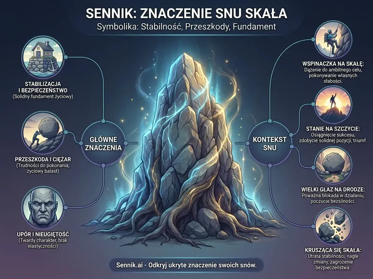 Sennik góry: stabilność, przeszkody, fundament. Obraz przedstawia symbolikę snów o górach, od wspinaczki po blokady.