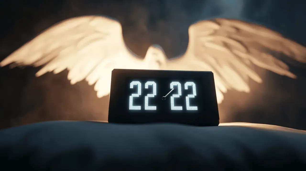 Zegar pokazuje 22:22, a za nim widnieją świetliste skrzydła. To znak, że 22 22 znaczenie dla singli może oznaczać nowy początek.