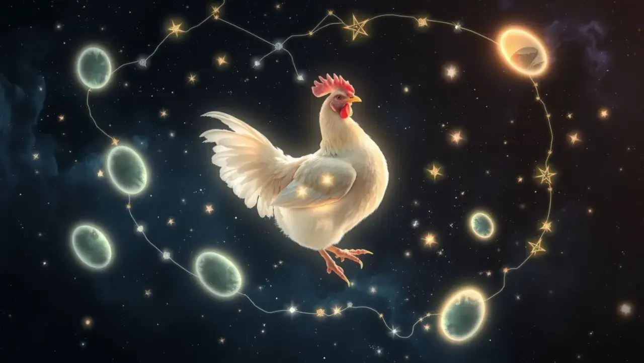 Biały kogut w kosmicznym senniku, otoczony gwiazdami i planetami.