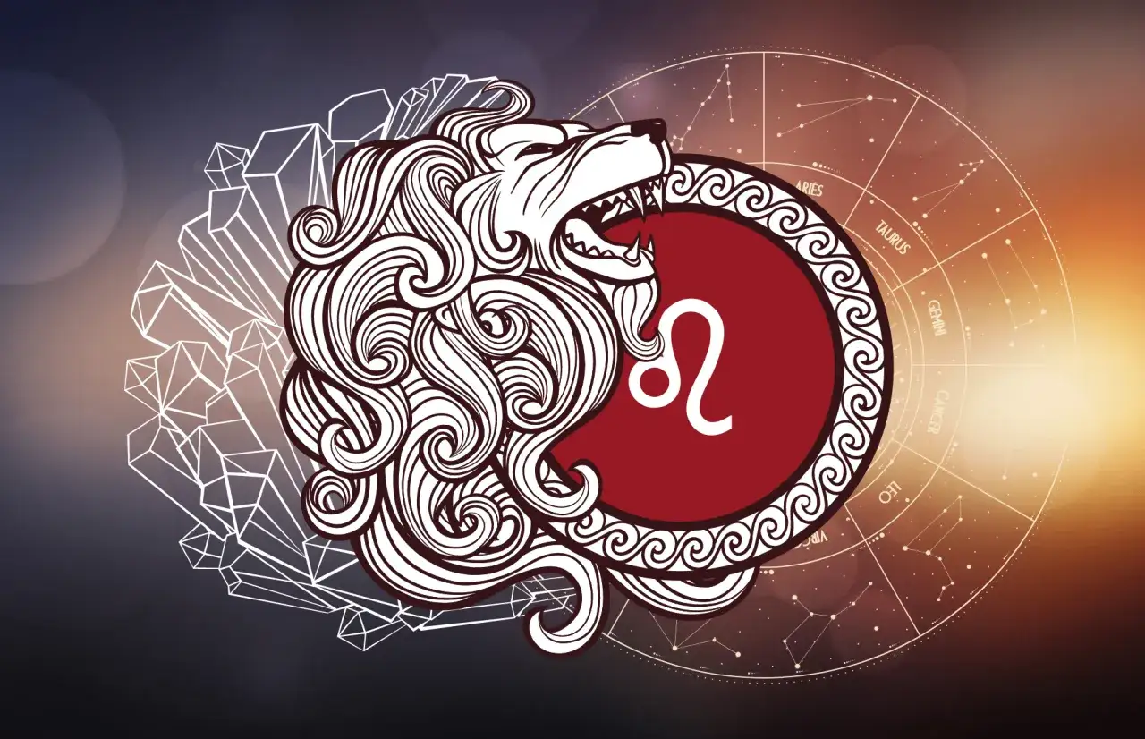 Lew z grzywą i symbolem zodiaku. W tle koło zodiaku i kryształy. Ascendent w Lwie symbolizuje siłę i odwagę.