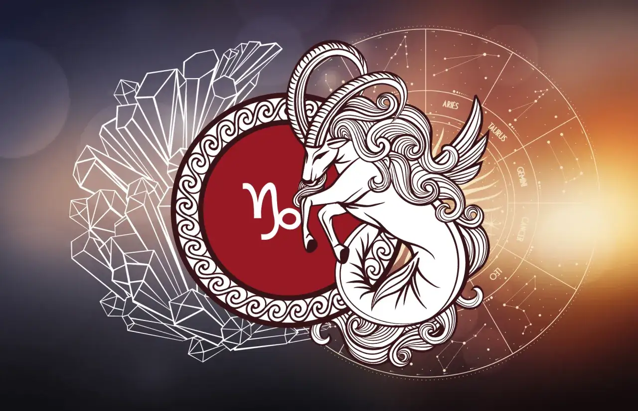 Symbol koziorożca, znaku zodiaku 6 stycznia, z fantastycznym stworzeniem i kołem zodiaku.