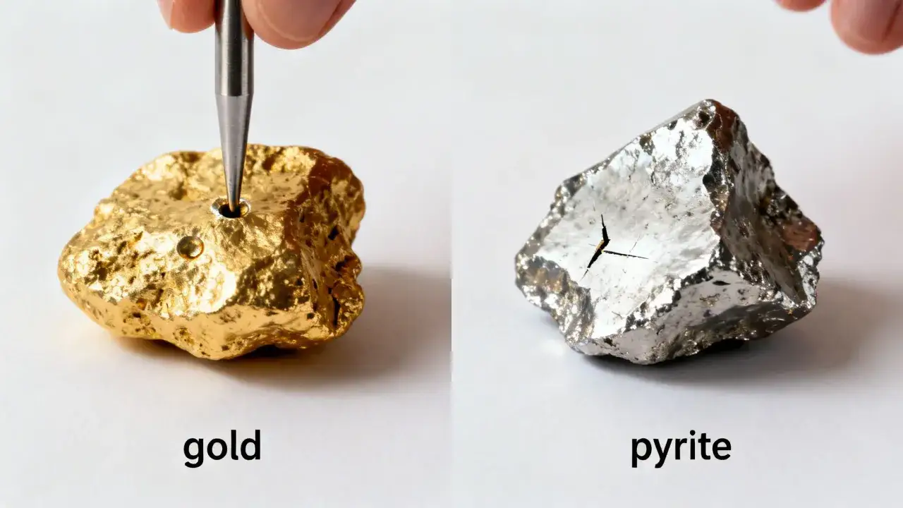 Złoto i piryt obok siebie. Piryt, zwany 