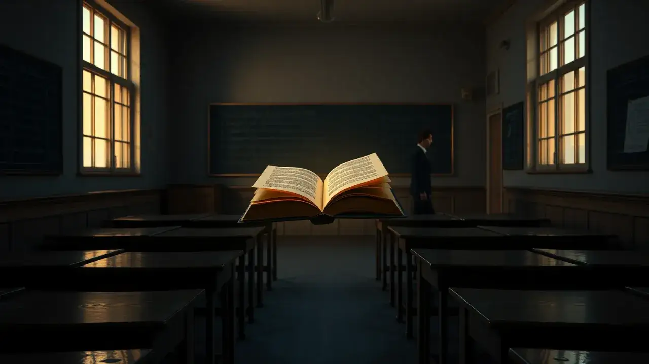 Klasa szkolna, lewitująca księga otwarta na środku, jakby symbolizując wiedzę przed egzaminem. W tle mężczyzna w garniturze.
