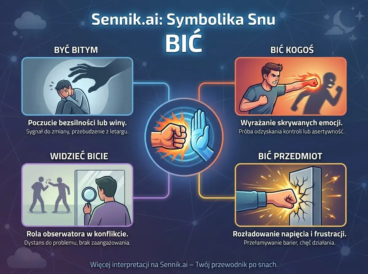Sennik: być bitym to poczucie winy, bić kogoś to wyrażanie emocji, widzieć bicie to rola obserwatora, bić przedmiot to rozładowanie frustracji.