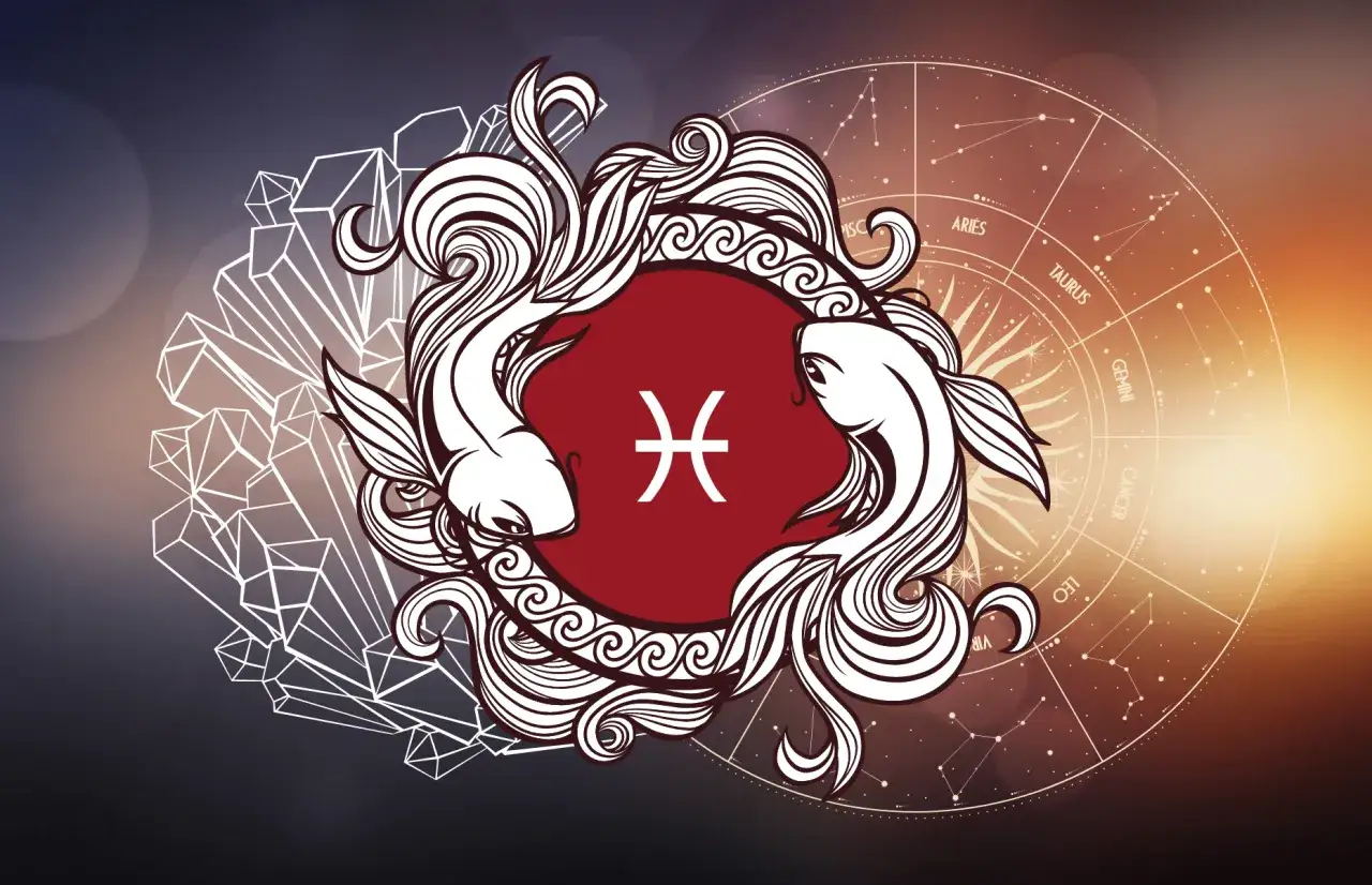 Symbol Ryb, 27 luty znak zodiaku, otoczony dwiema rybami i kryształami. W tle koło zodiaku.