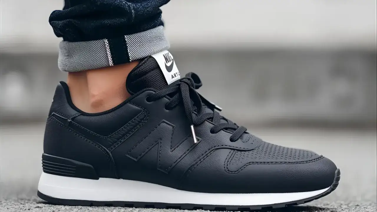 Czarny, skórzany but sportowy z białym logo 