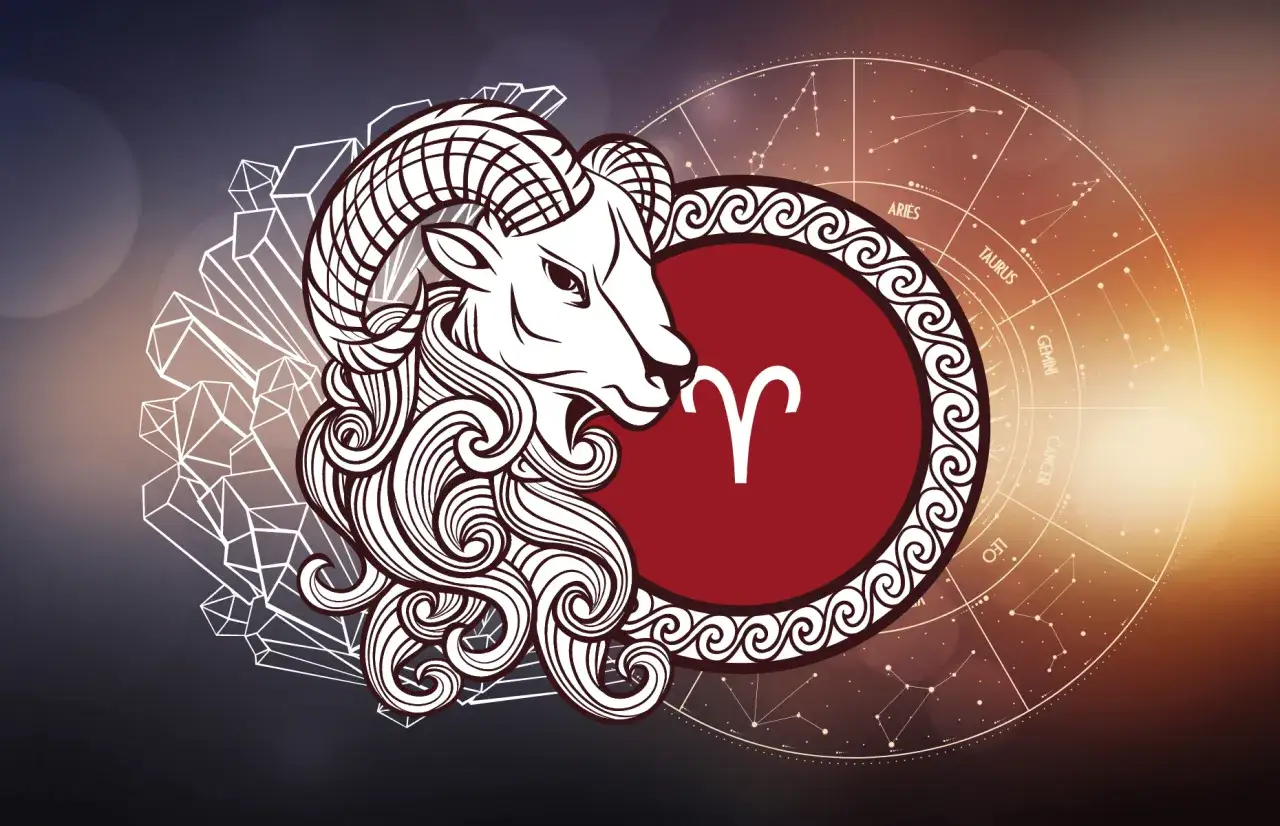 Symbol Barana, 28 marca znak zodiaku, z kryształami i kołem zodiaku.