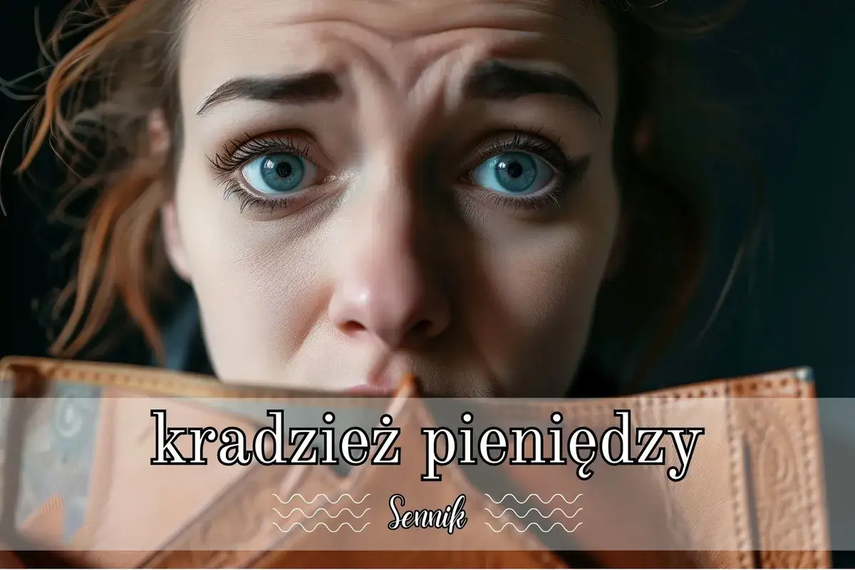 Przerażona kobieta z wielkimi oczami, trzymająca portfel. Sen o kradzieży pieniędzy może oznaczać stratę lub niepokój.