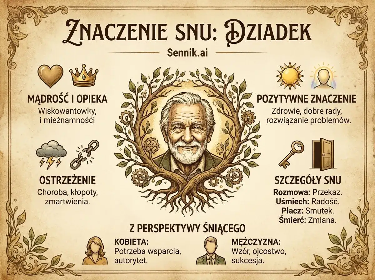 Sennik: dziadek symbolizuje mądrość, opiekę i pozytywne znaczenie snu. Wskazuje na zdrowie, dobre rady i rozwiązanie problemów.