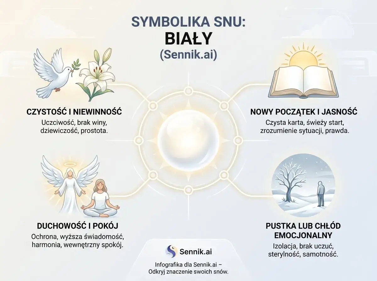 Symbolika snu: biały kolor. Wskazuje na czystość, nowy początek, duchowość i spokój, ale też pustkę emocjonalną. Sennik.ai.