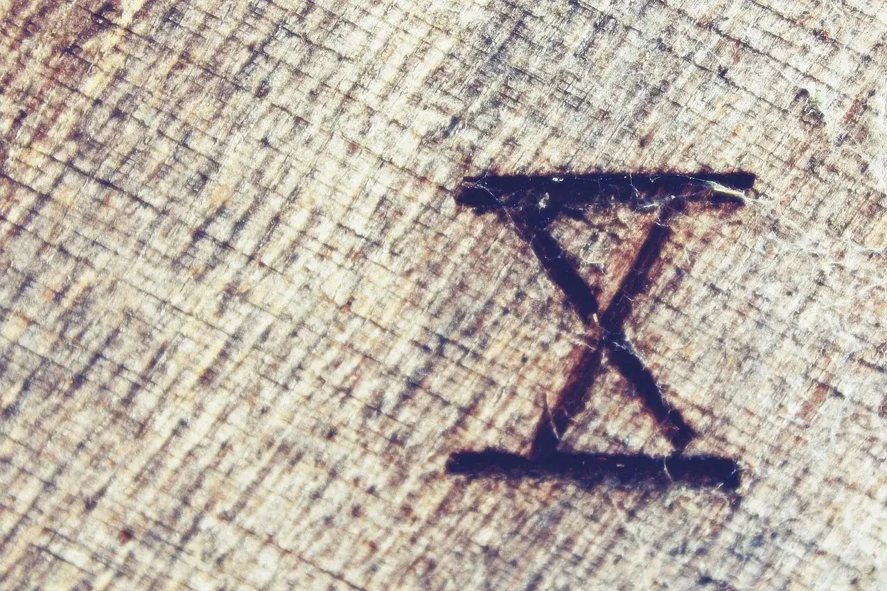 Wyryty znak X na drewnianej powierzchni, przypominający numerologiczna 10.